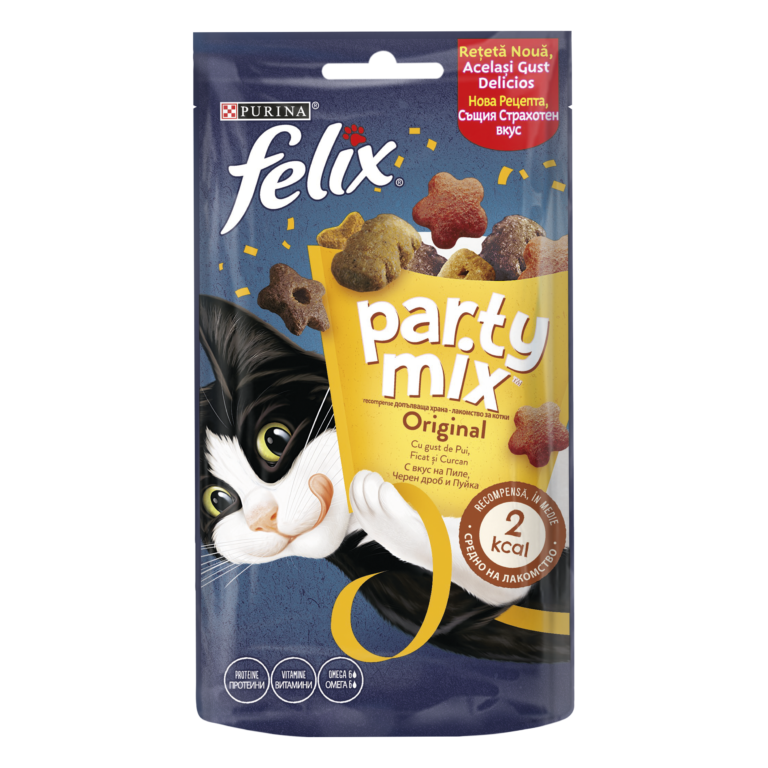 PURINA® FELIX® PARTY MIX Original Mix допълваща храна – лакомство с аромат на пиле, черен дроб и пуйка, 60g