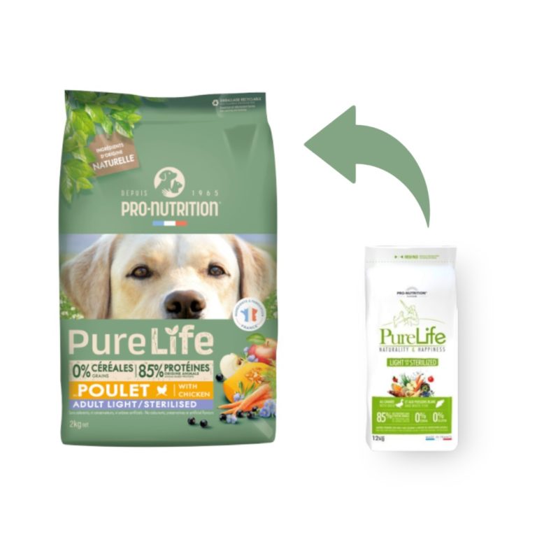 Pro-Nutrition Pure Life Dog Adult Light and/or Sterilized – Пълноценна храна за кучета с наднормено тегло или кастрирани кучета, с пиле, 12 кг