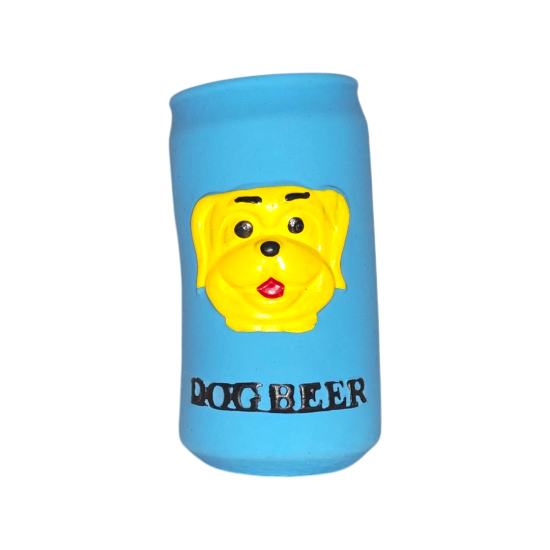 Синя гумена играчка за куче Dog Beer с жълто кучешко лице и надпис Синя гумена играчка за куче Dog Beer с жълто кучешко лице и надпис