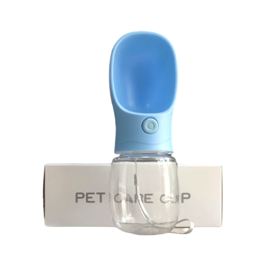 Синя бутилка за вода за кучета 250 мл с вградена поилка и бутон за наливане