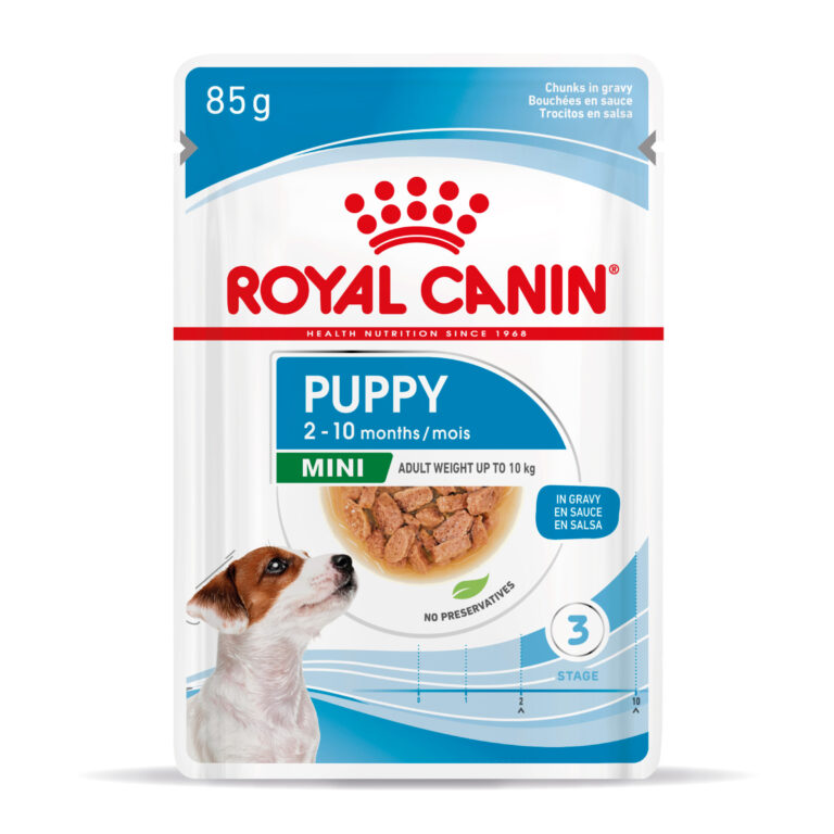 ROYAL CANIN® MINI PUPPY pauch 85 гр. Пълноценна мокра храна в пауч за кучета – за подрастващи кучета от дребни породи (тегло в зряла възраст от 1 до 10кг) – до 10 месеца
