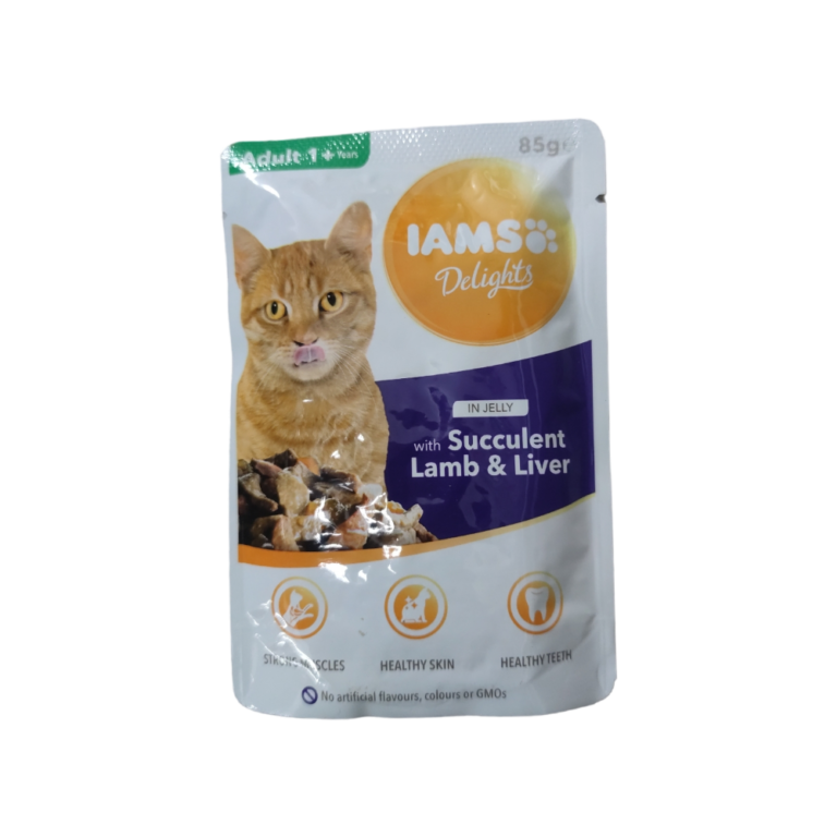IAMS, Пауч за котка,сочно агнешко и черен дроб в желе,85 гр.