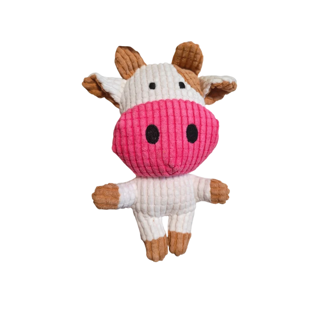 Плюшена кравичка – играчка за куче със звук, 18 см, в бяло, розово и кафяво