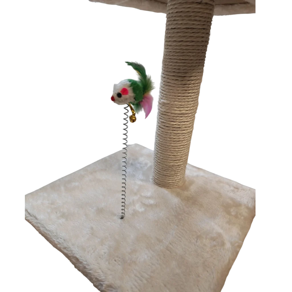 Драскалка за котки с играчка мишка – бежова, 33 см, сизалов стълб и плюшена основа