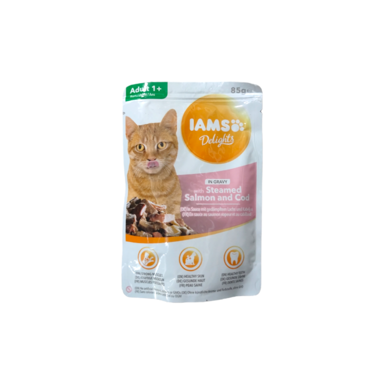 IAMS, Пауч за котка,задушена сьомга и треска,85 гр.