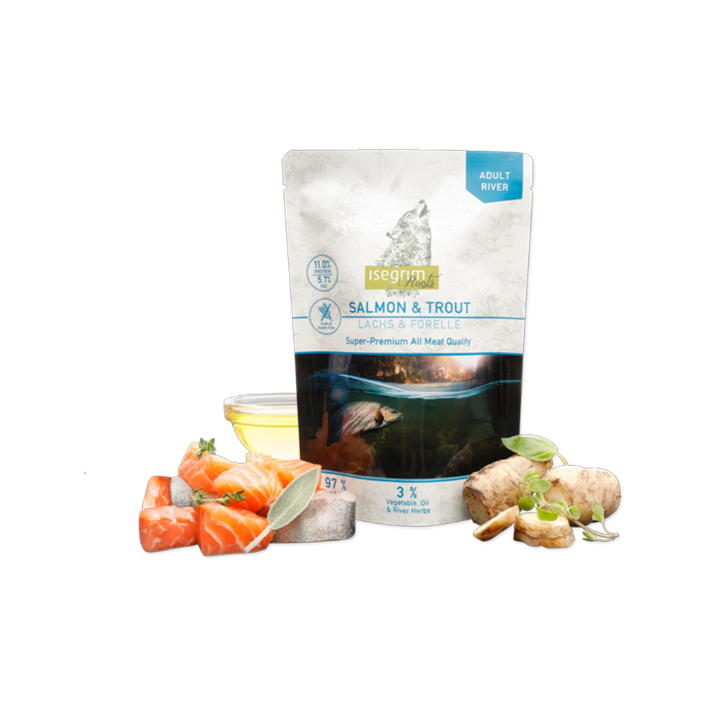 isegrim_roots_adult_river_salmon_trout Isegrim,пауч,сьомга, пъстърва, слънчоглед, шафраново масло 410 гр. - Image 1