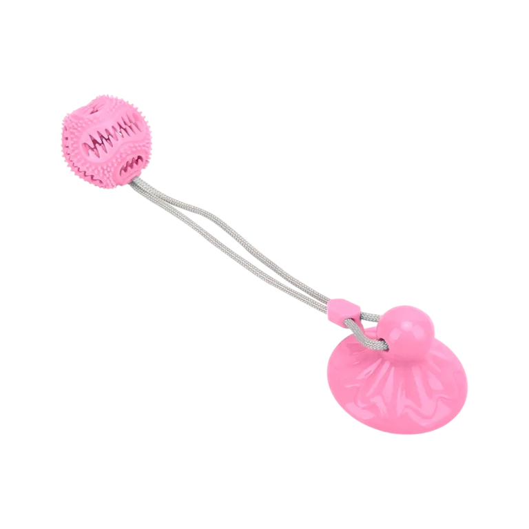 Розова дентална играчка с вендуза за куче със звънче и въже 30 см