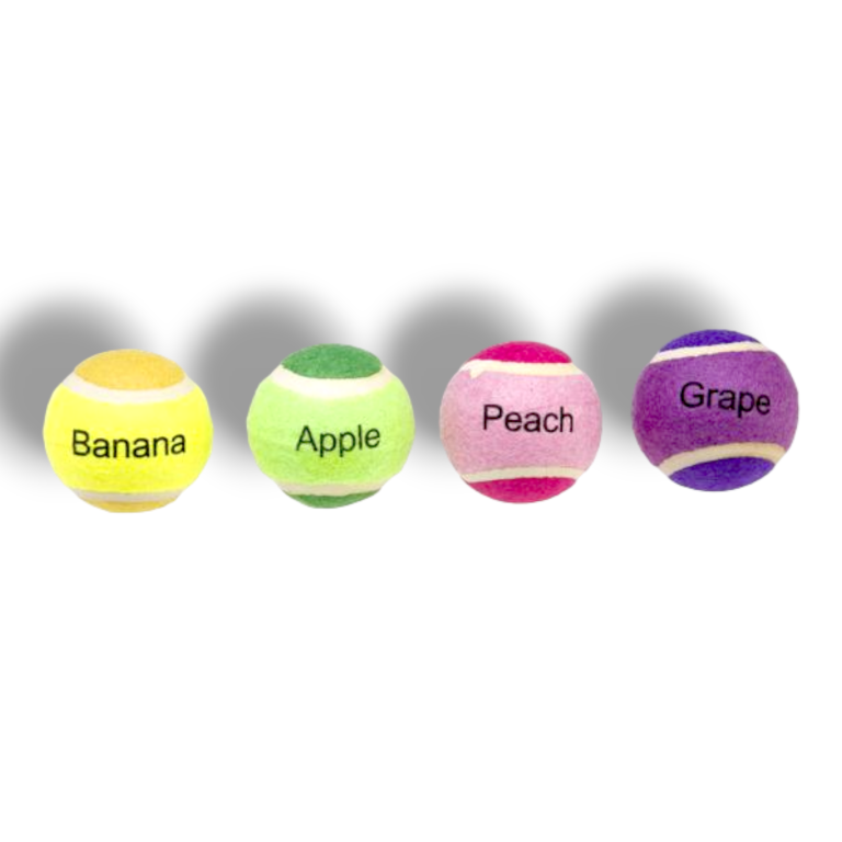 GimDog Играчка за кучe TENNIS BALLS - тенис топки с четири различни плодови вкуса 4 бр., 6,4 см