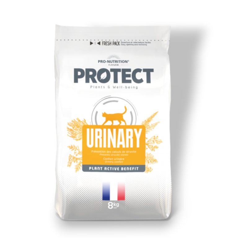 Пълноценна диетична храна за котки с уринарни проблеми, 8 кг - Pro-Nutrition Flatazor Protect Urinary - редуцира новообразуването на струвитни камъни в бъбреците, подобрява функцията на отделителната система, 61% протеини от животински произход.