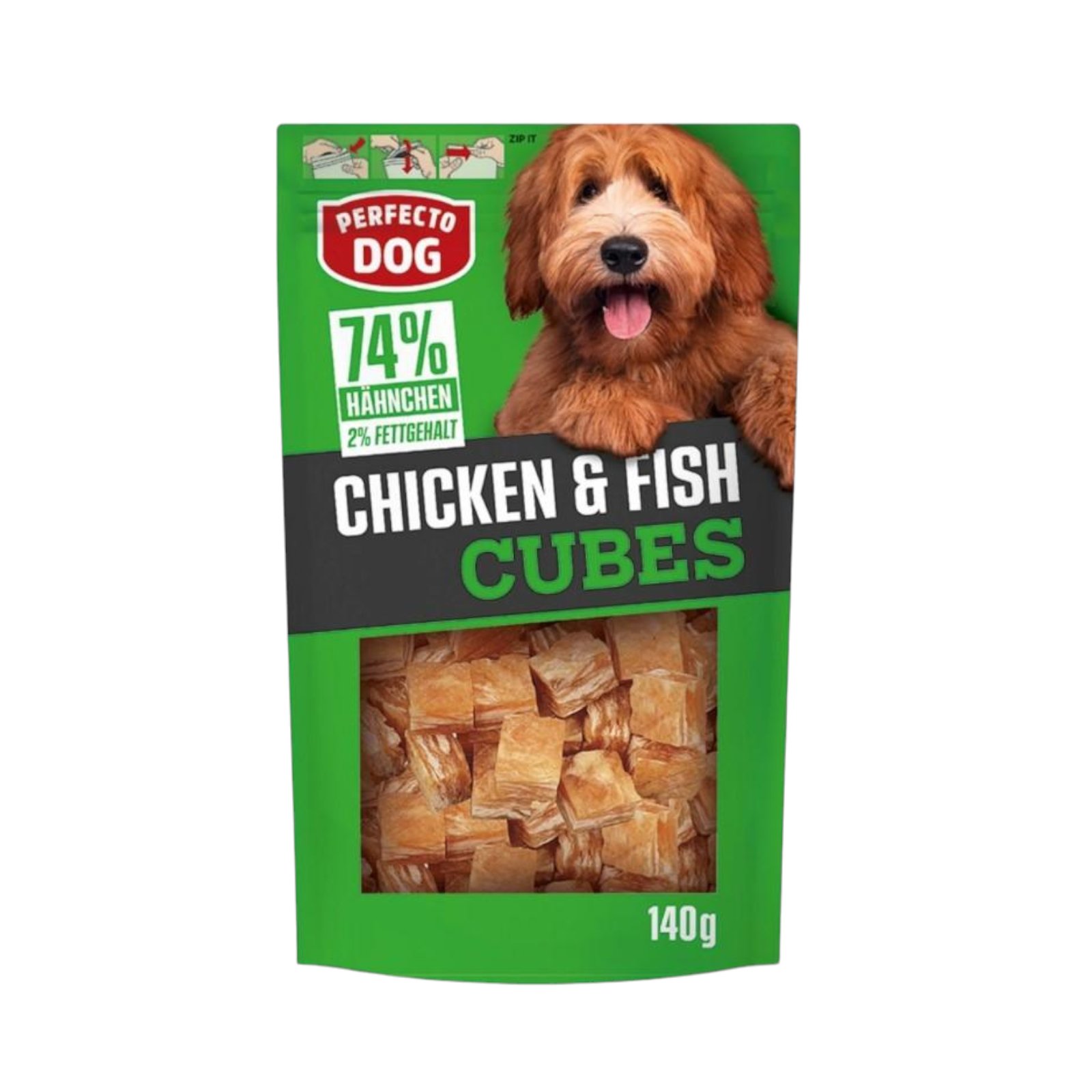 2023/11/1000034471.jpg PERFECTO Dog – Кучешки лакомства във формата на кубчета с вкус на пиле и риба, 0.140 кг - Image 1