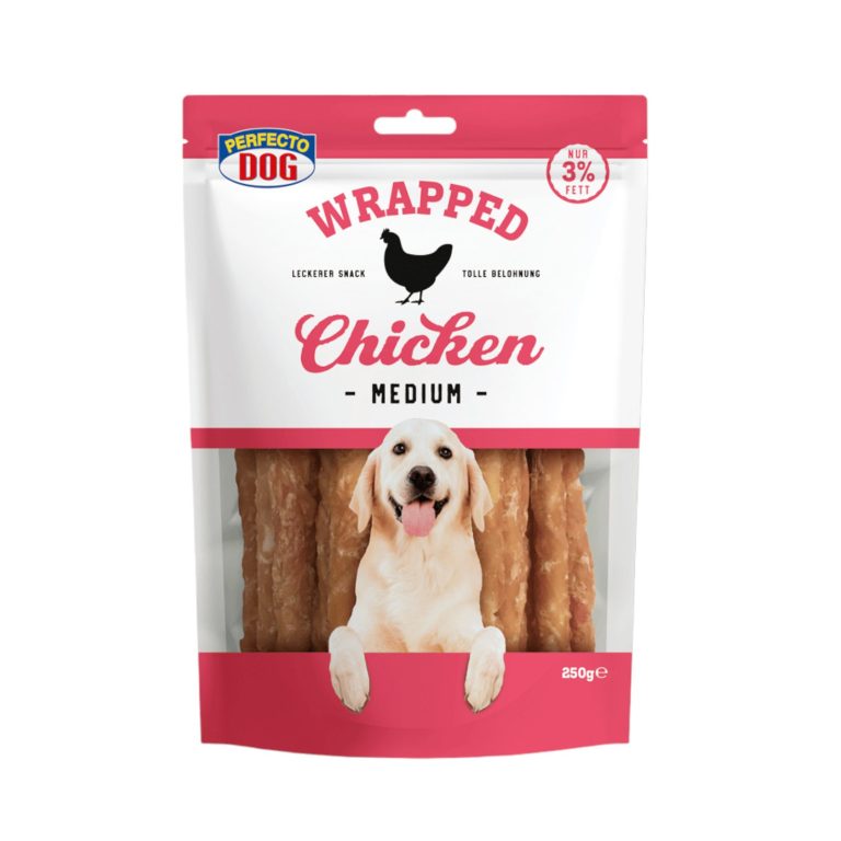 🐶 Perfecto Dog Wrapped Chicken Medium – пилешки лакомства с говежда кожа 250 г