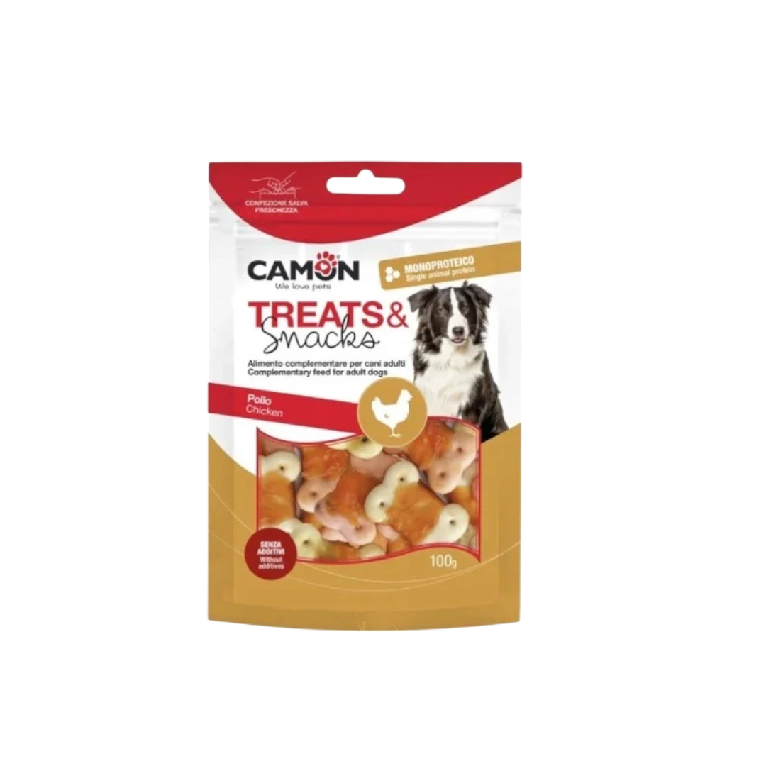 Camon Chicken Snack - деликатесно лакомство с пилешко месо за куче 14 броя, 4 см-Photoroom Camon Chicken Snack – лакомства с пилешко месо за кучета, 14 броя по 4 см