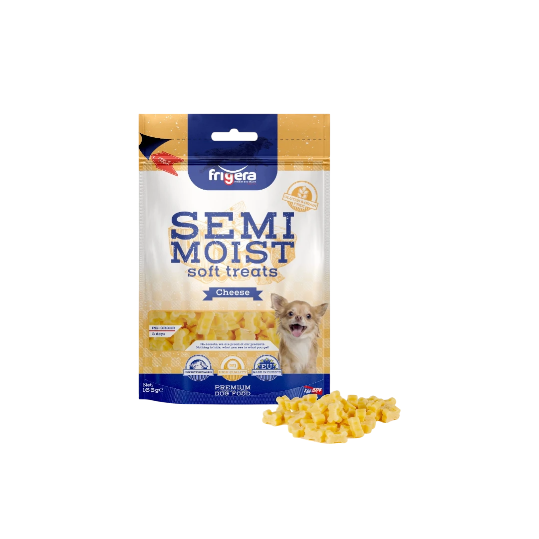 Semi-Moist Soft Treats GF Cheese 165g-Photoroom friGERA кучешко полувлажно лакомство без глутен със сирене – 165 г – мека и ароматна млечна награда
