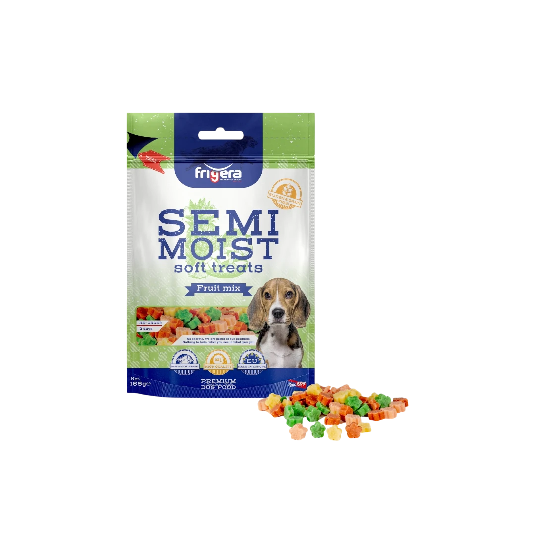 Semi-Moist Soft Treats GF Fruit Mix 165g-Photoroom friGERA кучешко полувлажно лакомство без глутен – плодов микс – 165 г – с манго и ананас за свежа, здравословна награда