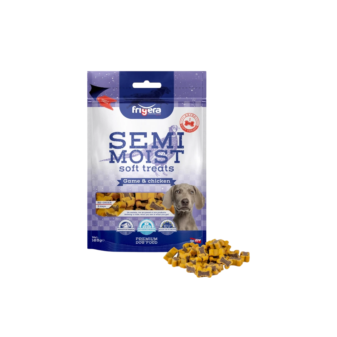 Semi-Moist Soft Treats Game & Chicken 165g1-Photoroom friGERA кучешко полувлажно лакомство с дивеч и пиле – 165 г – меки, ароматни хапки за награда и обучение