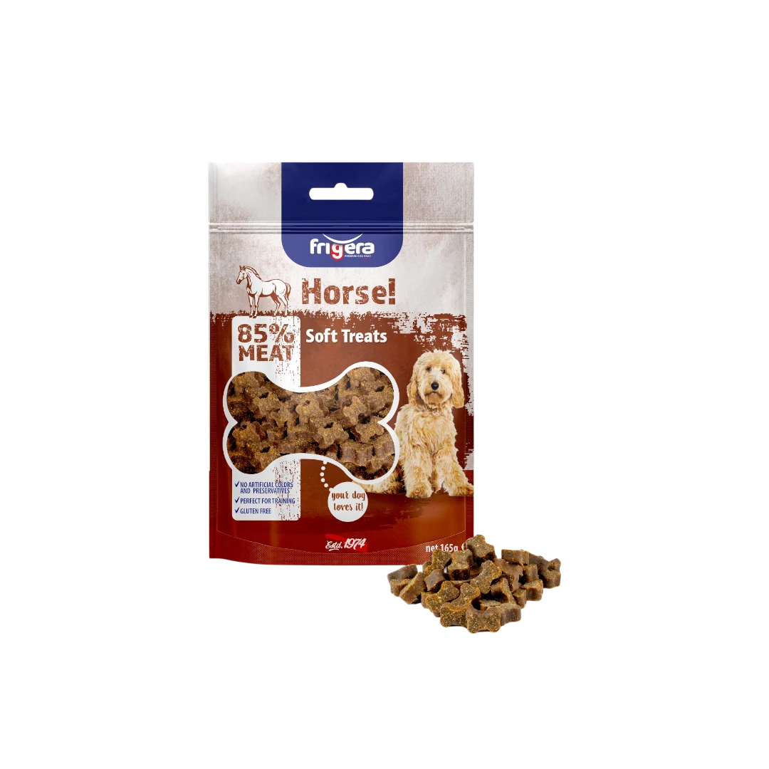 Semi-Moist Soft Treats Gluten Free High Meat Horse 165g-Photoroom friGERA кучешко полувлажно лакомство без глутен с високо съдържание на месо – конско – 165 г – хипоалергенно и богато на протеин
