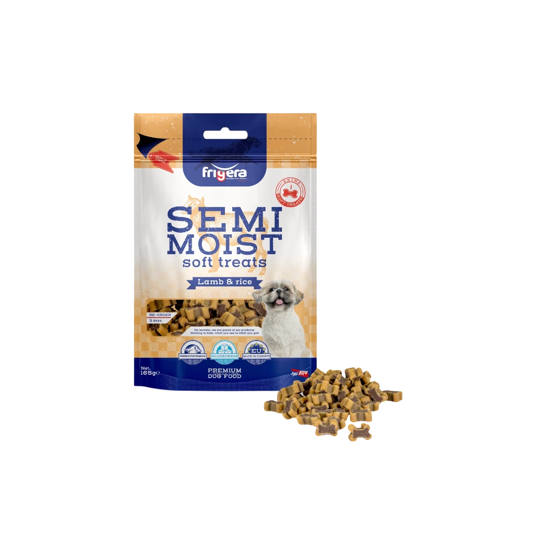 Semi-Moist Soft Treats Lamb & Rice 165g1-Photoroom friGERA кучешко полувлажно лакомство с агнешко и ориз – 165 г – мека и вкусна награда за всеки любимец