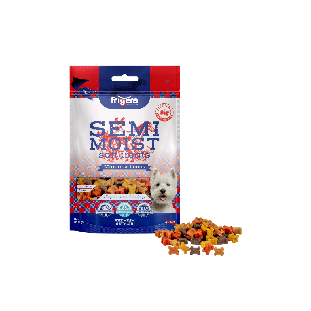 Semi-Moist Soft Treats Mini Mix Bones (6) 165g-Photoroom friGERA кучешко полувлажно лакомство – мини микс кокалчета (6 вида) – 165 г – меки награди за обучение и глезене