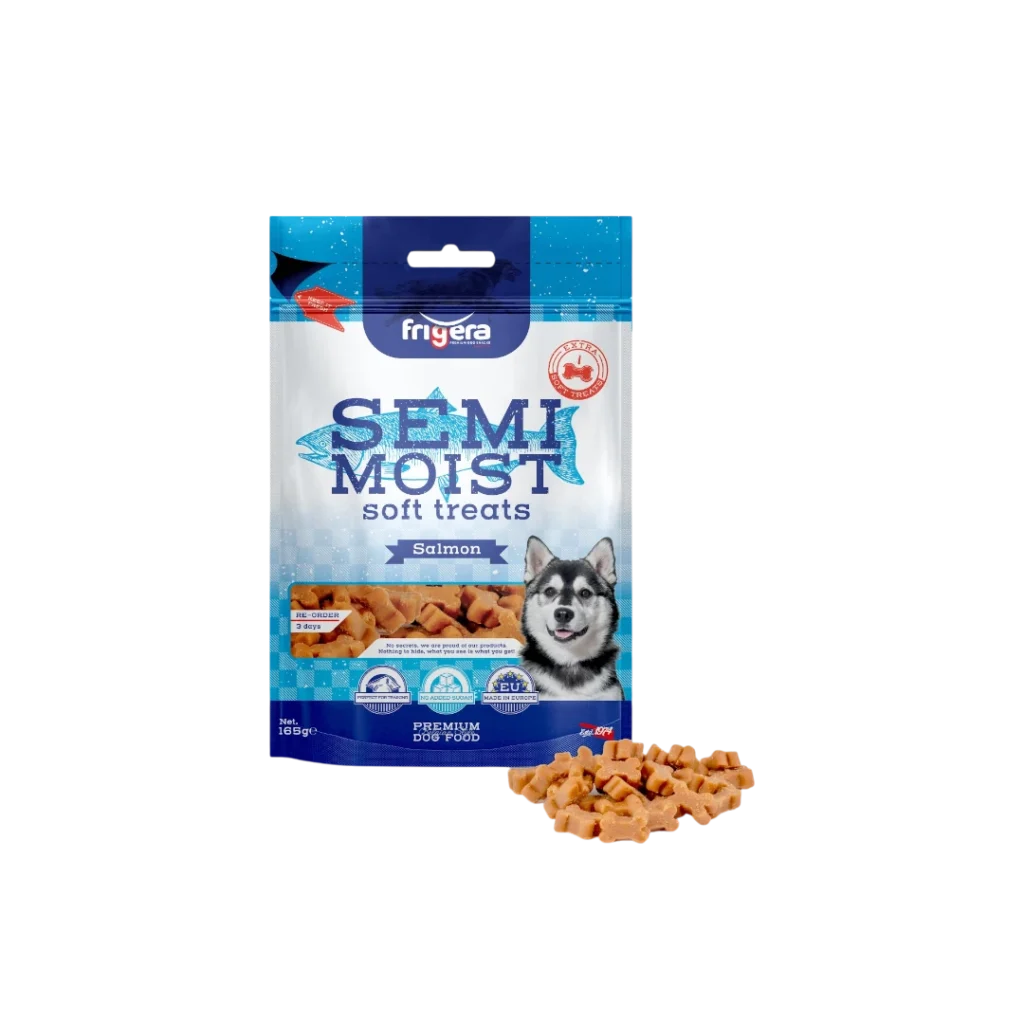 friGERA кучешко полувлажно лакомство със сьомга – 165 г – мека, ароматна награда с 2,5% рибено масло
