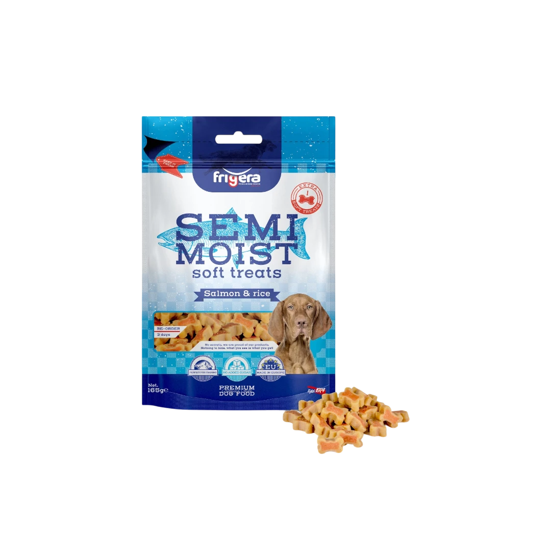 Semi-Moist Soft Treats Salmon & Rice 165g1-Photoroom friGERA кучешко полувлажно лакомство със сьомга и ориз – 165 г – вкусна и мека награда с морски аромат