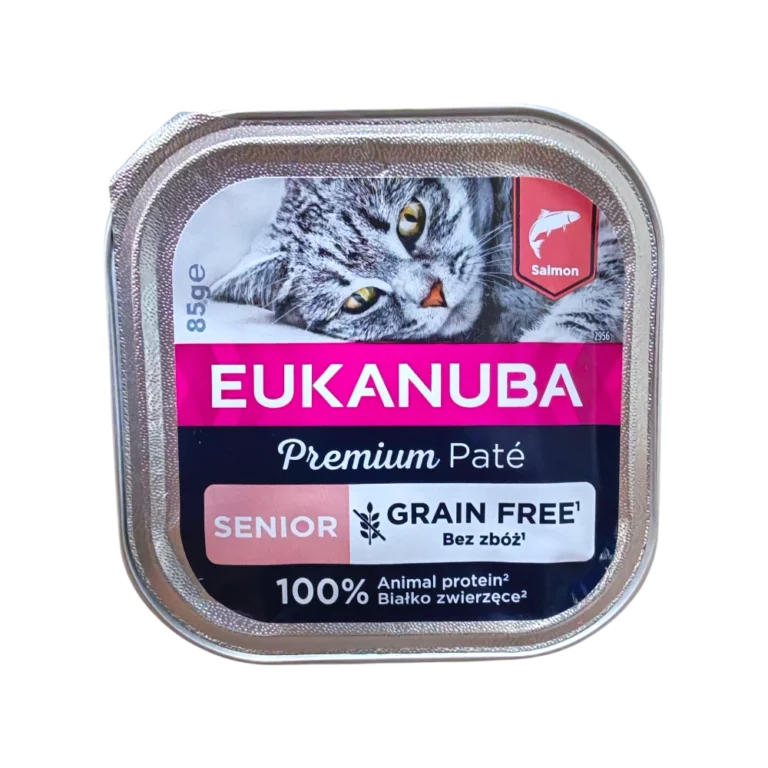 EUKANUBA Premium Paté за възрастни котки със сьомга – 85 г пауч, без зърнени храни, обогатен с L-карнитин