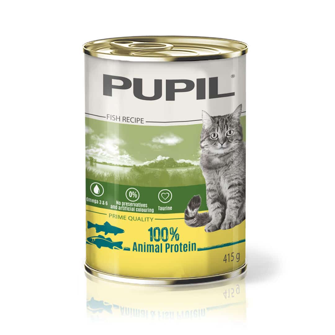955ad15a994ddbe4911e7ce72a5bb12f Pupil консервирана храна за котки с риба – 415 г с изображение на котка и риба на жълто-зелен фон
