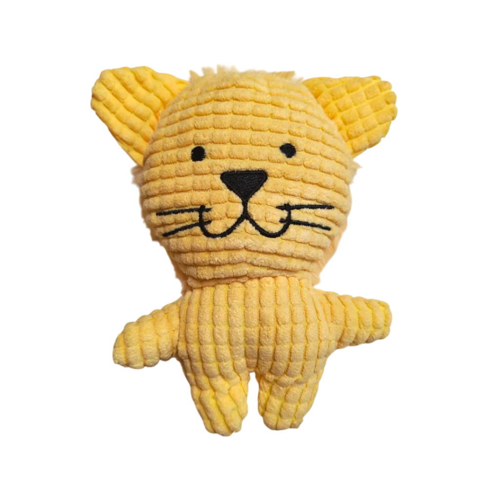 Плюшена играчка за куче – котка със звук, жълта, 18 см, с вградена пискалка