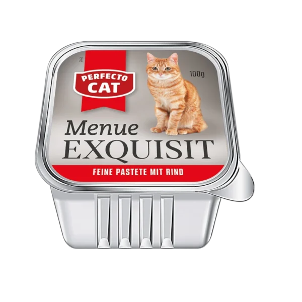 Perfecto Cat Menu Exquisit пастет за котки с говеждо – 100 г алуминиева кутия с изображение на оранжева котка