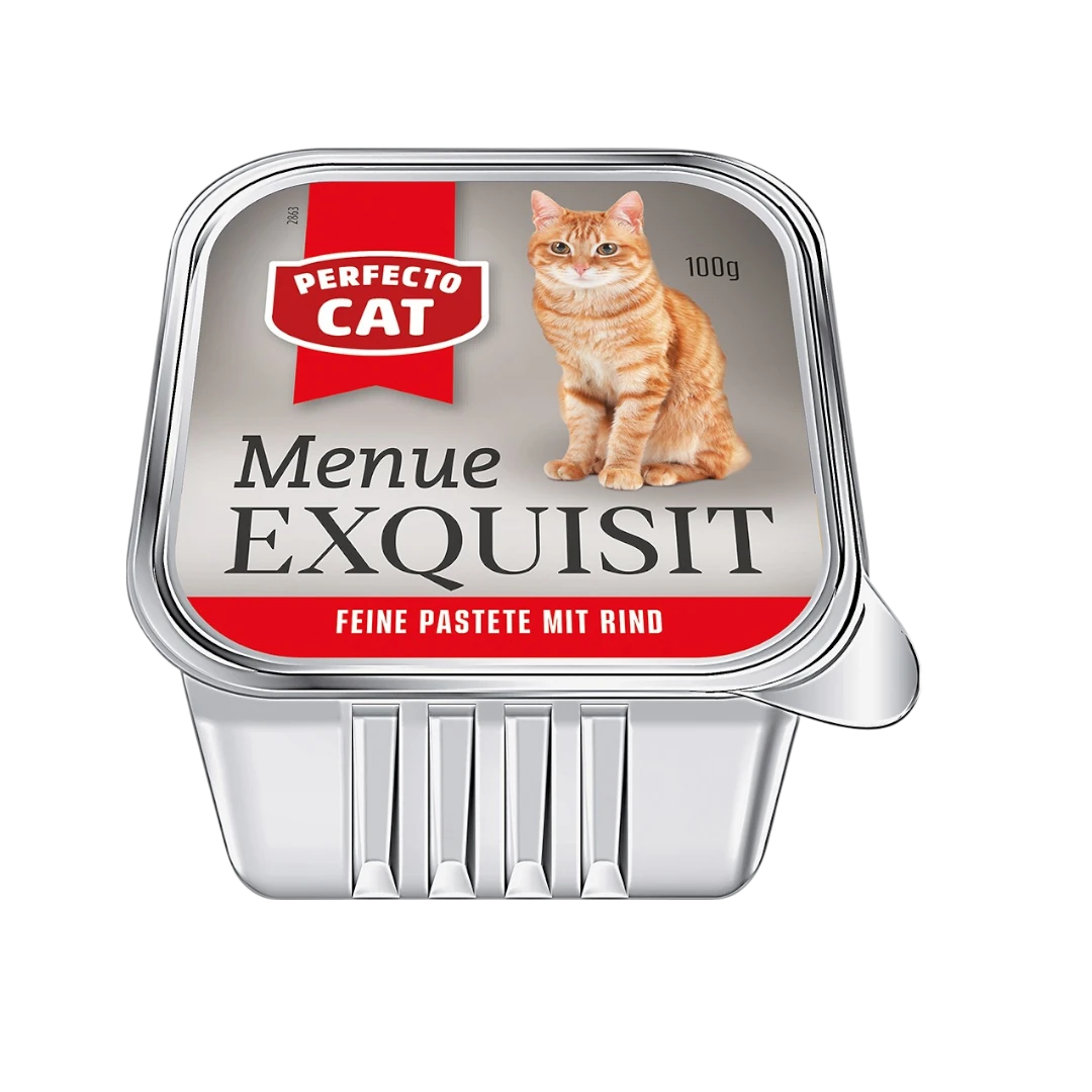 Perfecto Cat Menu Exquisit пастет за котки с говеждо – 100 г алуминиева кутия с изображение на оранжева котка Perfecto Cat Menu Exquisit пастет за котки с говеждо – 100 г алуминиева кутия с изображение на оранжева котка
