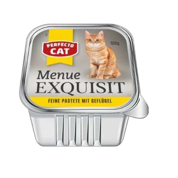 Perfecto Cat Menu Exquisit пастет за котки с птиче месо – 100 г алуминиева кутия с изображение на оранжева котка