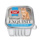 Perfecto Cat Menu Exquisit пастет за котки с треска и писия – 100 г в алуминиева кутийка с изображение на оранжева котка