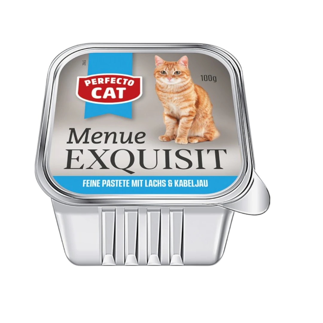 Perfecto Cat Menu Exquisit пастет за котки с треска и писия – 100 г в алуминиева кутийка с изображение на оранжева котка Perfecto Cat Menu Exquisit пастет за котки с треска и писия – 100 г в алуминиева кутийка с изображение на оранжева котка