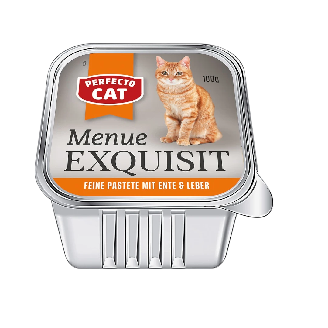fonta3-Photoroom (14) Perfecto Cat Menu Exquisit пастет за котки с патешко и черен дроб – 100 г в алуминиева кутия с изображение на оранжева котка