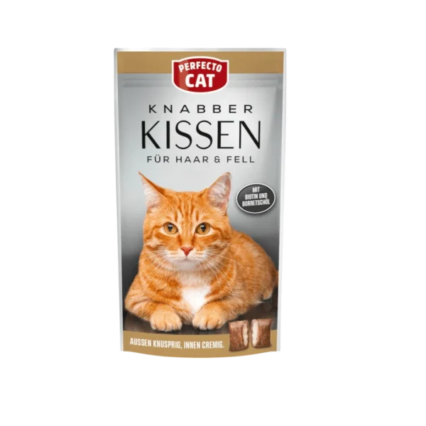 Perfecto Cat Knabber Kissen лакомство за котки 50 г – хрупкави хапки с кремообразен пълнеж и портокалова котка на опаковката