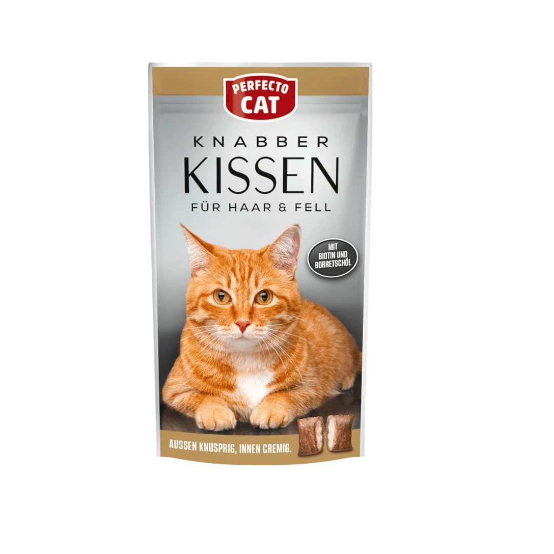 Perfecto Cat Knabber Kissen лакомство за котки 50 г – хрупкави хапки с кремообразен пълнеж и портокалова котка на опаковката Perfecto Cat Knabber Kissen лакомство за котки 50 г – хрупкави хапки с кремообразен пълнеж и портокалова котка на опаковката