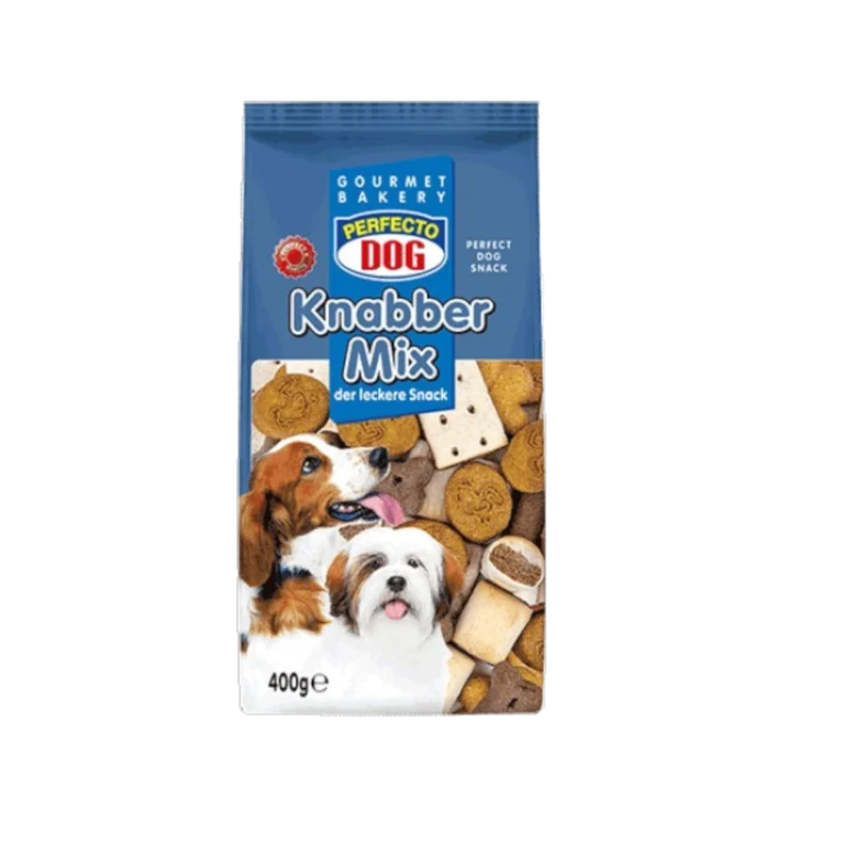 Perfecto Dog Knabber Mix – опаковка 400 г с бисквити за кучета, разнообразни форми и вкусове с месо, риба и зеленчуци.