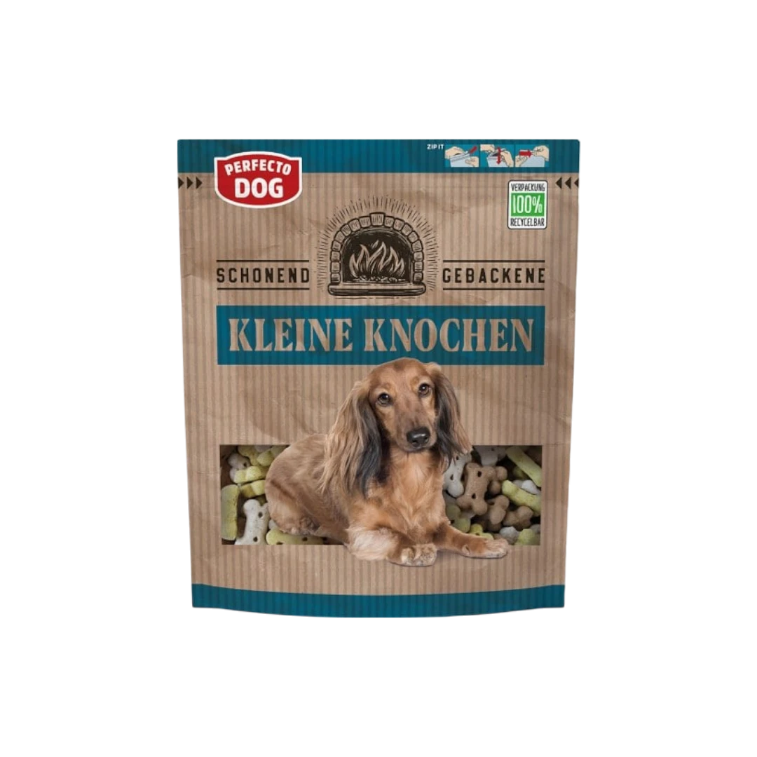 Perfecto Dog Kleine Knochen – хрупкави бисквити с форма на кокалчета 400 г, за кучета от всички породи Perfecto Dog Kleine Knochen – хрупкави бисквити с форма на кокалчета 400 г, за кучета от всички породи