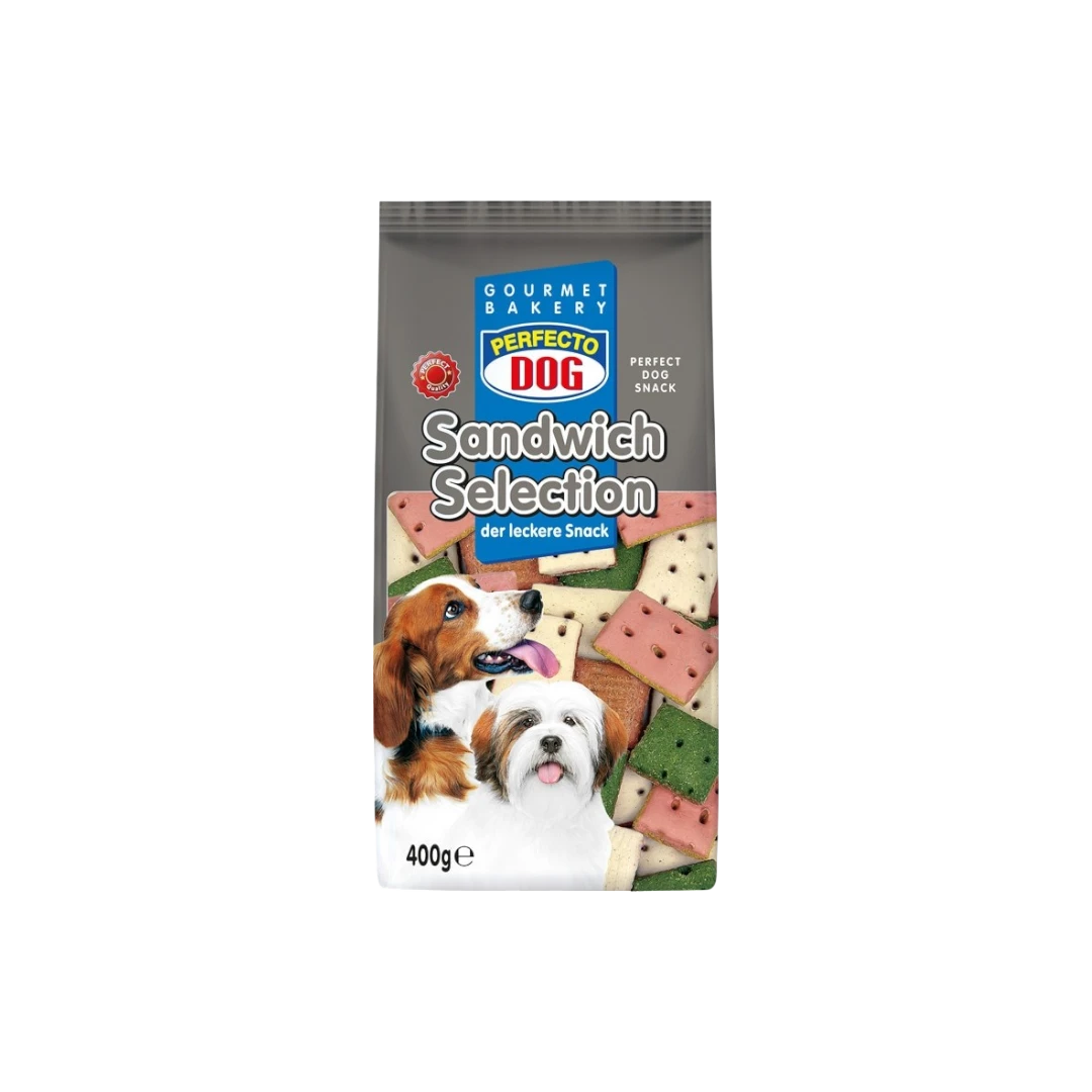 Perfecto Dog Sandwich Selection – хрупкави бисквити за куче сандвич форма 400 г, с риба, месо и зеленчуци Perfecto Dog Sandwich Selection – хрупкави бисквити за куче сандвич форма 400 г, с риба, месо и зеленчуци