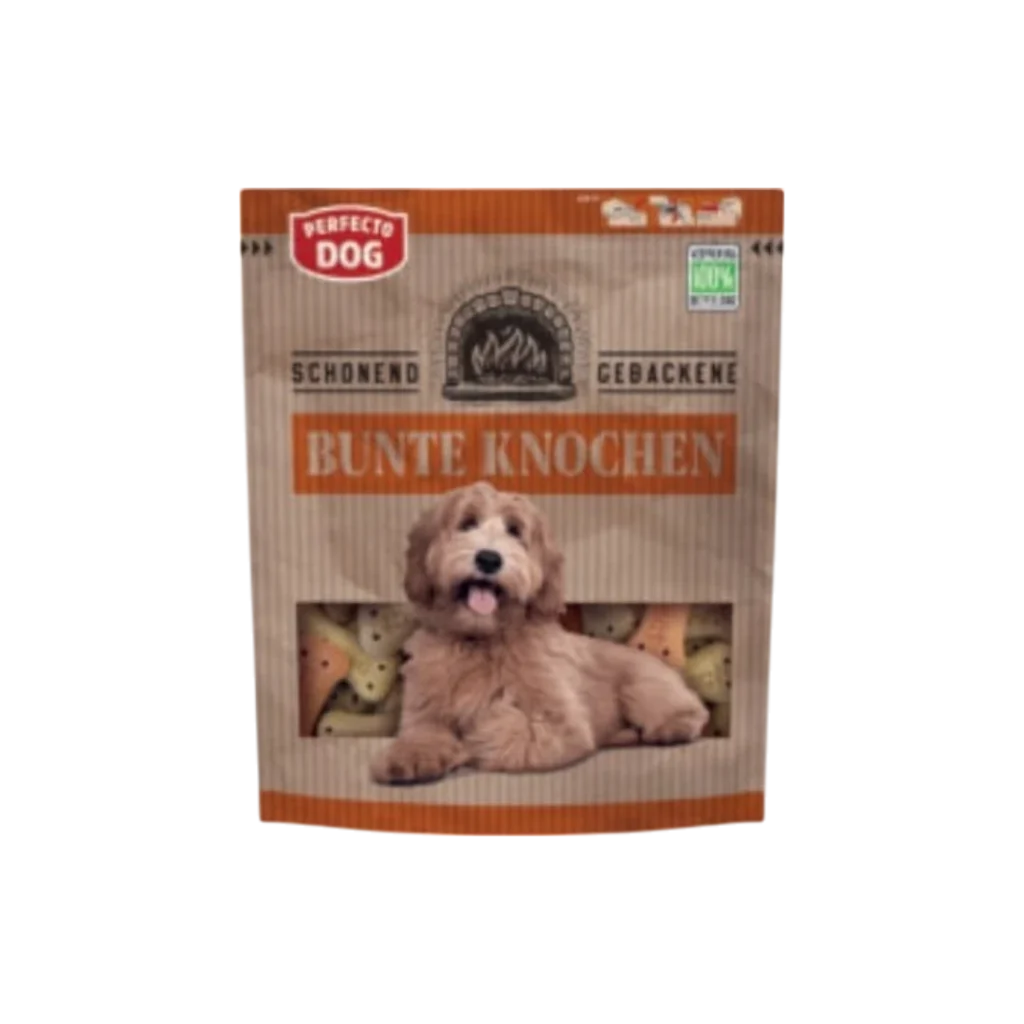 Perfecto Dog – Бисквити за куче Цветни кокали големи 400 г, хрупкави лакомства с говеждо и птиче месо във форма на големи кокали