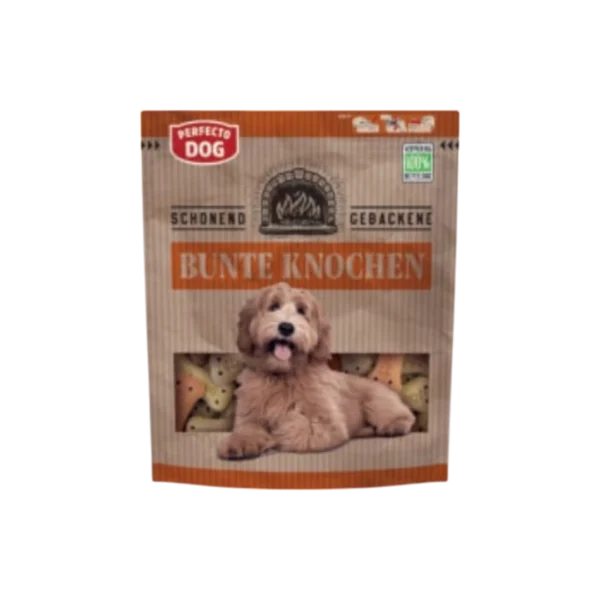 Perfecto Dog – Бисквити за куче Цветни кокали големи 400 г, хрупкави лакомства с говеждо и птиче месо във форма на големи кокали