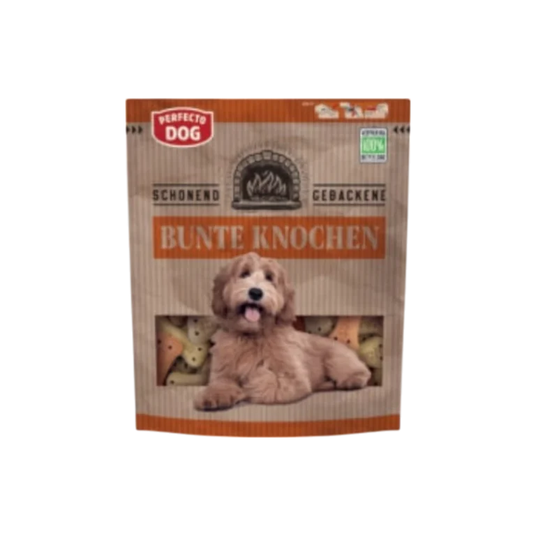 Perfecto Dog – Бисквити за куче Цветни кокали големи 400 г, хрупкави лакомства с говеждо и птиче месо във форма на големи кокали