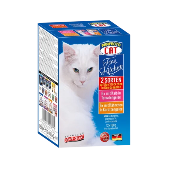 Perfecto Cat Fine Kitchen пауч в желе 12 x 100 г – синя кутия с бяла котка, пауч храна с телешко и пилешко