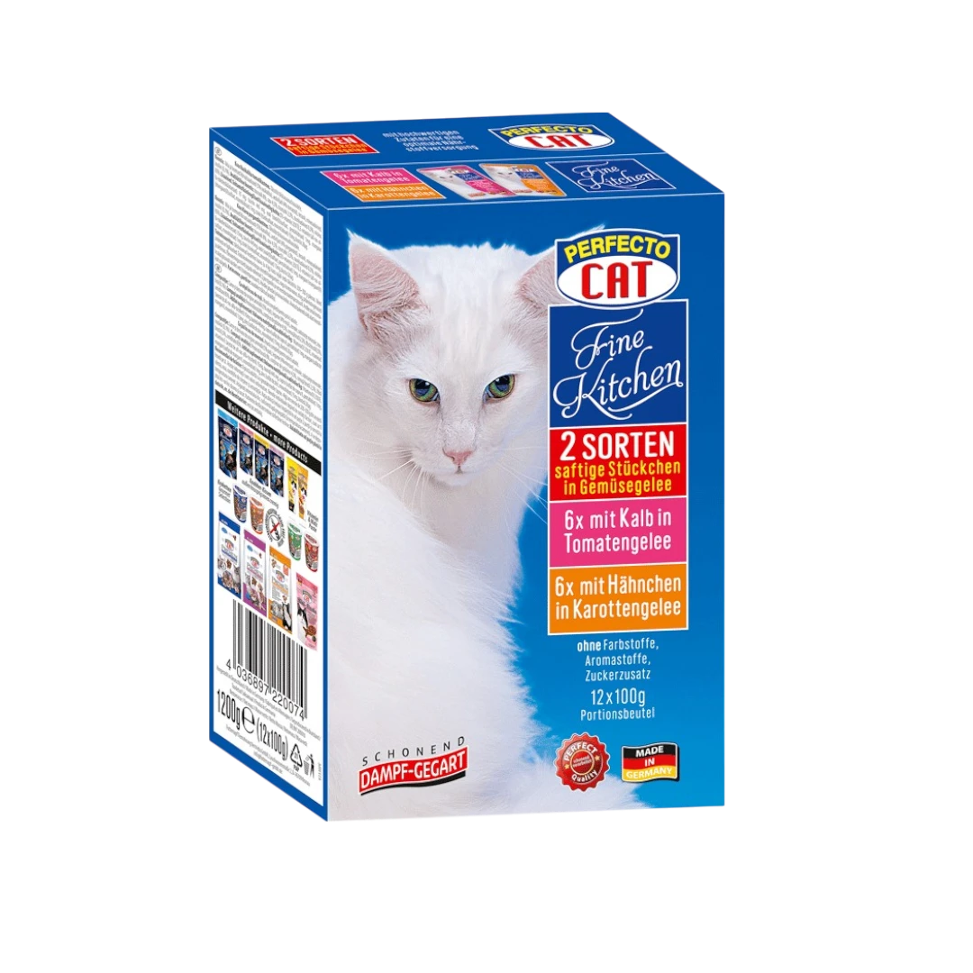 Perfecto Cat Fine Kitchen пауч в желе 12 x 100 г – синя кутия с бяла котка, пауч храна с телешко и пилешко Perfecto Cat Fine Kitchen пауч в желе 12 x 100 г – синя кутия с бяла котка, пауч храна с телешко и пилешко