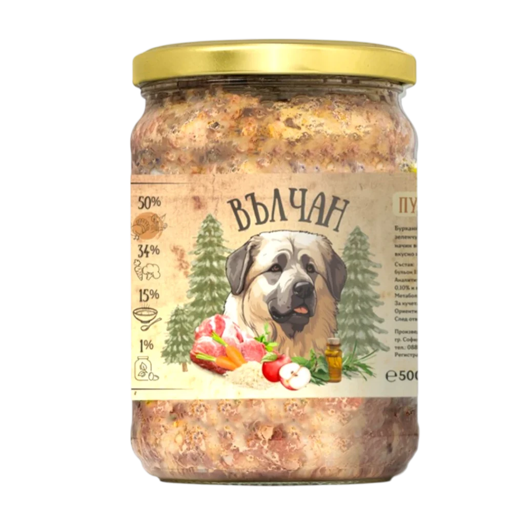 Вълчан – храна за кучета с пуйка, свинско и зеленчуци 500 гр. в буркан със златиста капачка и рисунка на куче