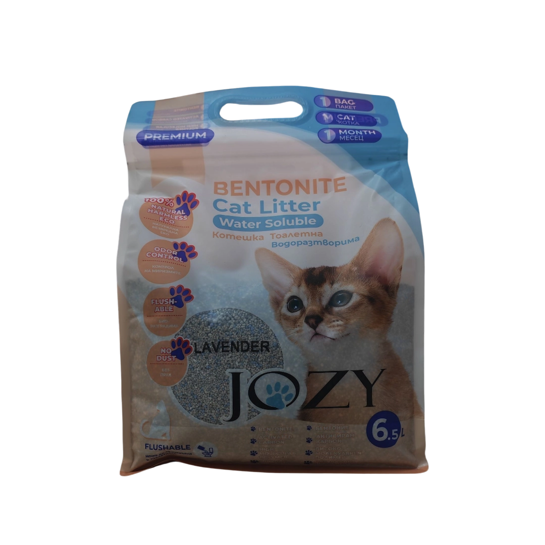Котешка тоалетна JOZY Bentonite Lavender Котешка тоалетна JOZY Bentonite Lavender – водоразтворима 6.5 L, натурален бентонит с аромат на лавандула