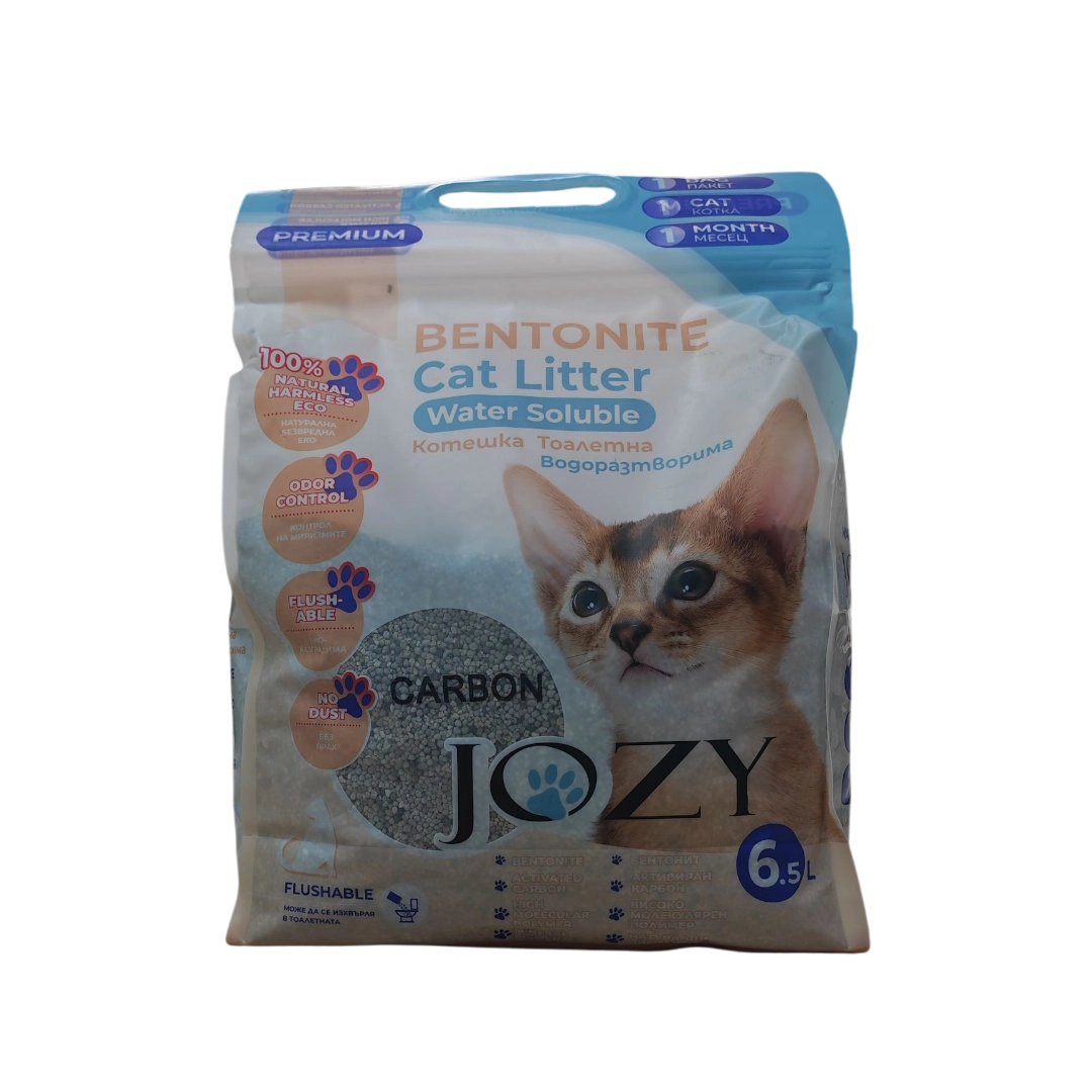 Котешка тоалетна JOZY Bentonite Carbon Котешка тоалетна JOZY Bentonite Carbon – водоразтворима 6.5 L, натурален бентонит с активен въглен, контрол на миризмите