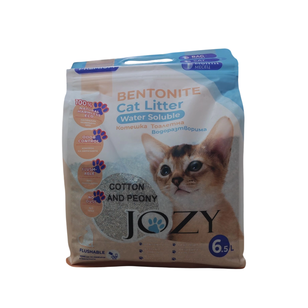 Котешка тоалетна JOZY Bentonite Cotton and Peony – водоразтворима 6.5 L, натурален бентонит с аромат на памук и божур Котешка тоалетна JOZY Bentonite Cotton and Peony – водоразтворима 6.5 L, натурален бентонит с аромат на памук и божур
